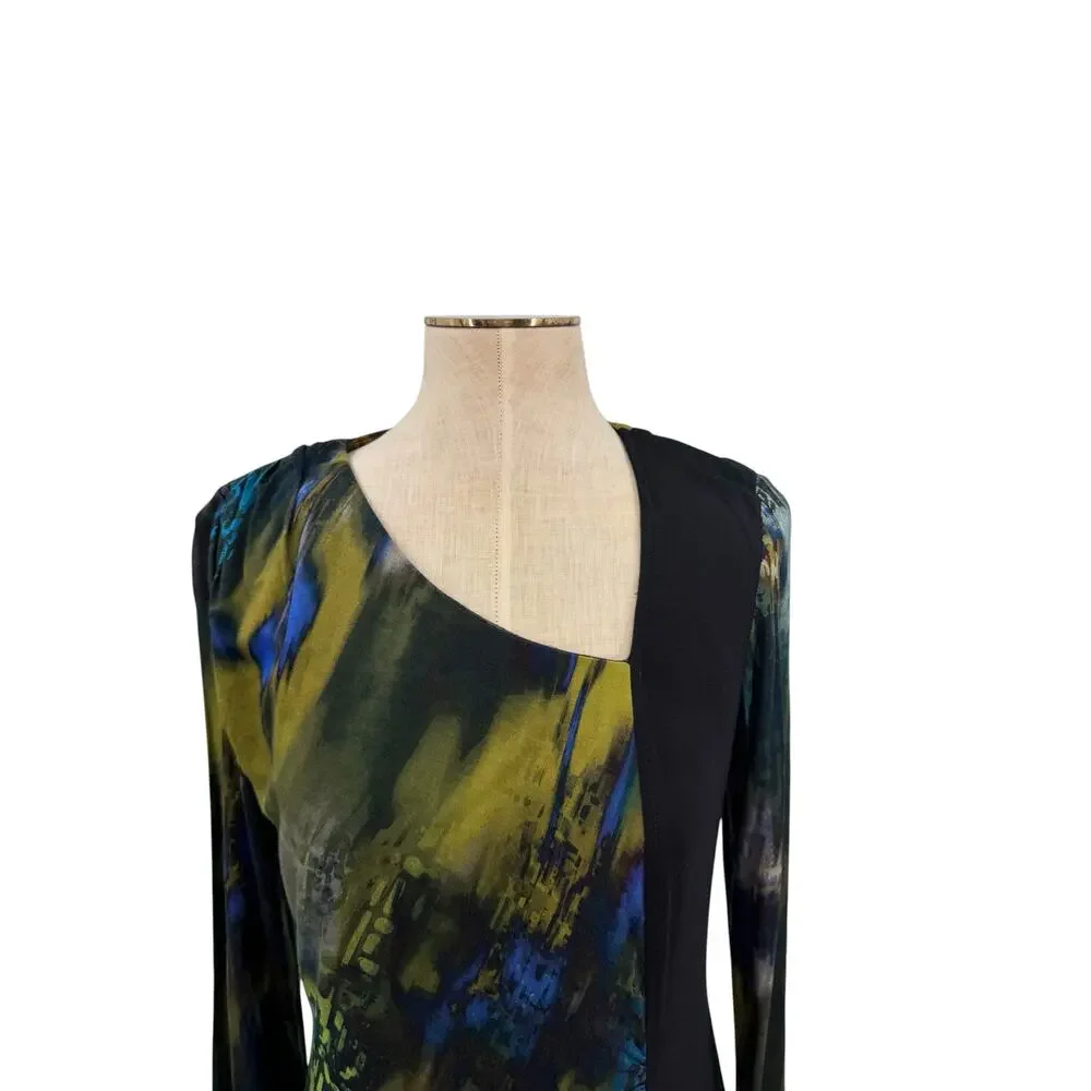 Hilton Hollis Asymmetrical Printed Sheath Dress Black Green Blue Long Sleeve M